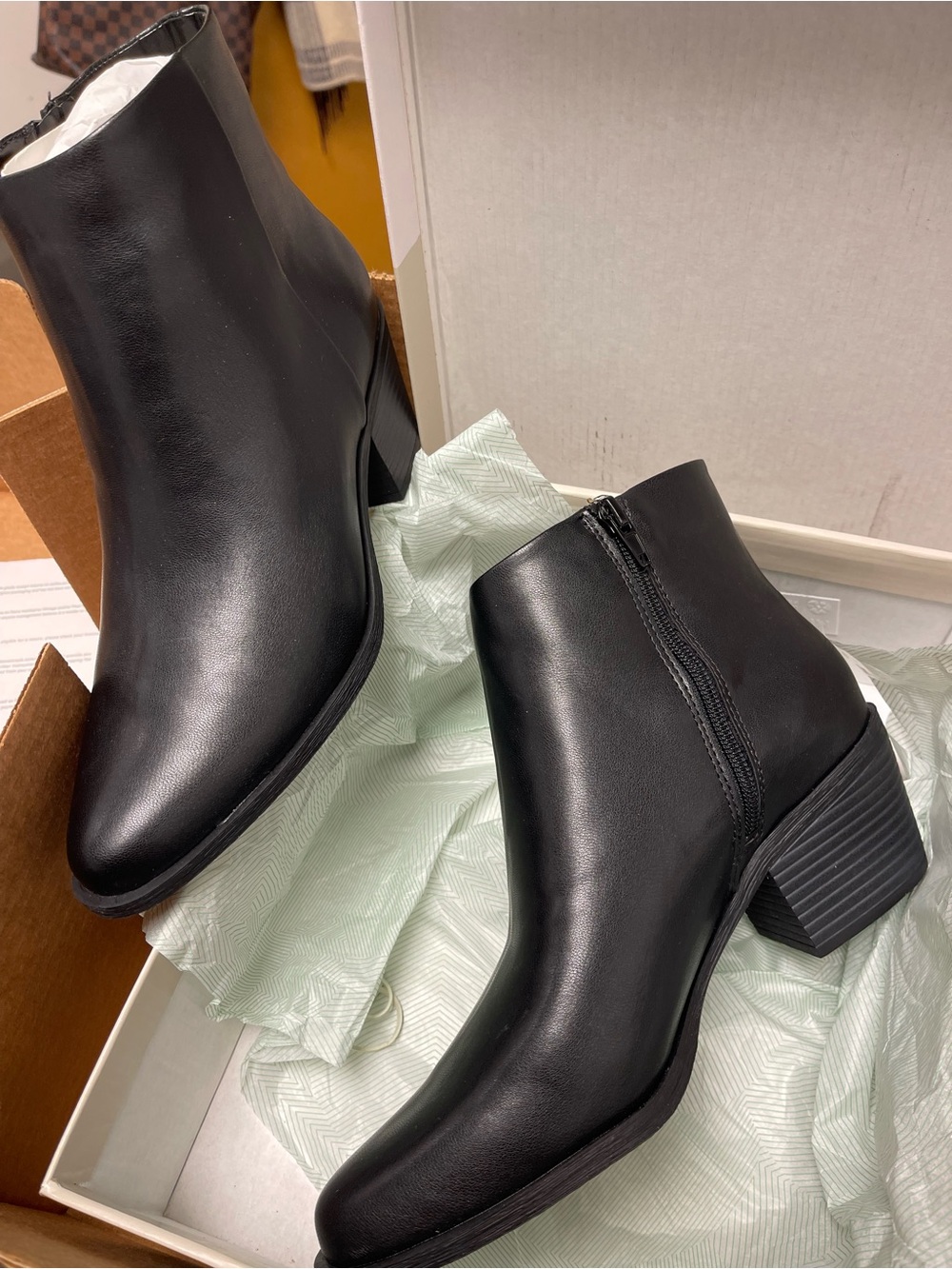 Nordstrom Black Leather Ankle Booties with Side Zip and Stacked Heel